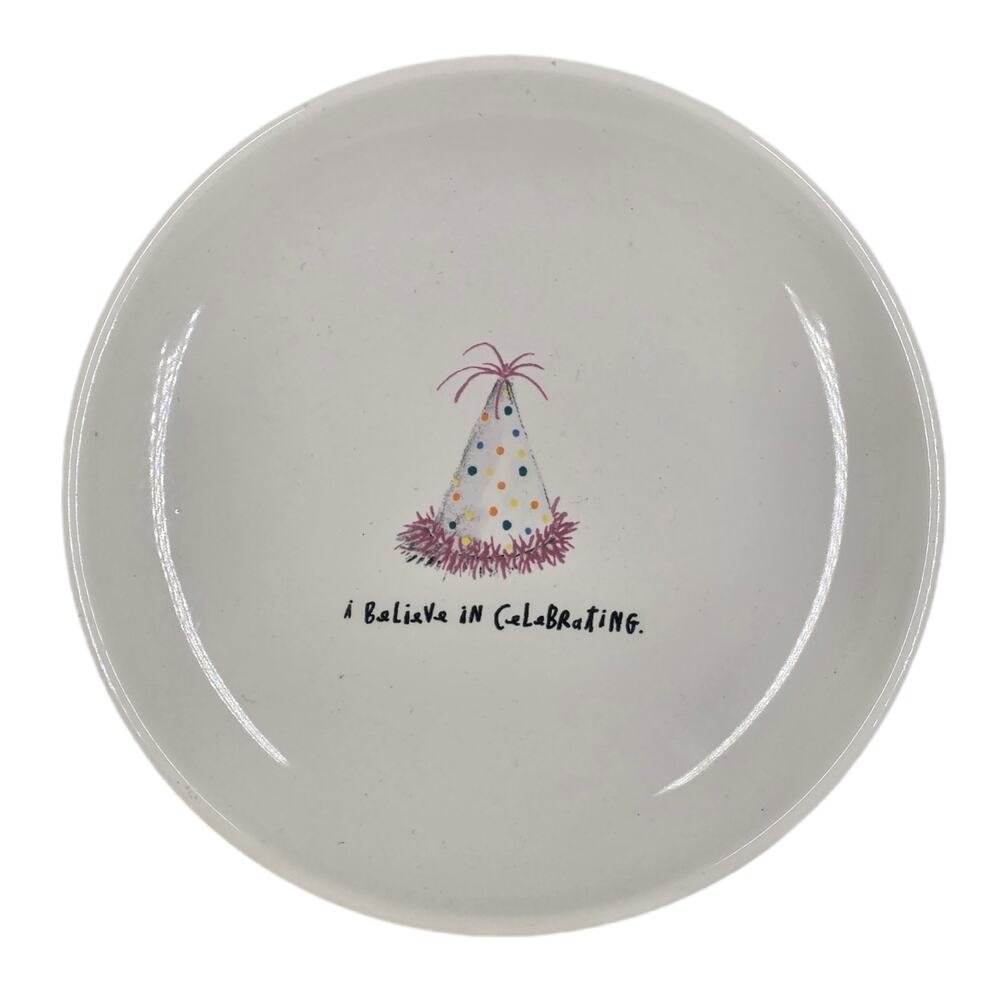 RAE DUNN “A REASON TO CELEBRATE” CERAMIC DESSERT PLATES – SET OF 4 – NWT